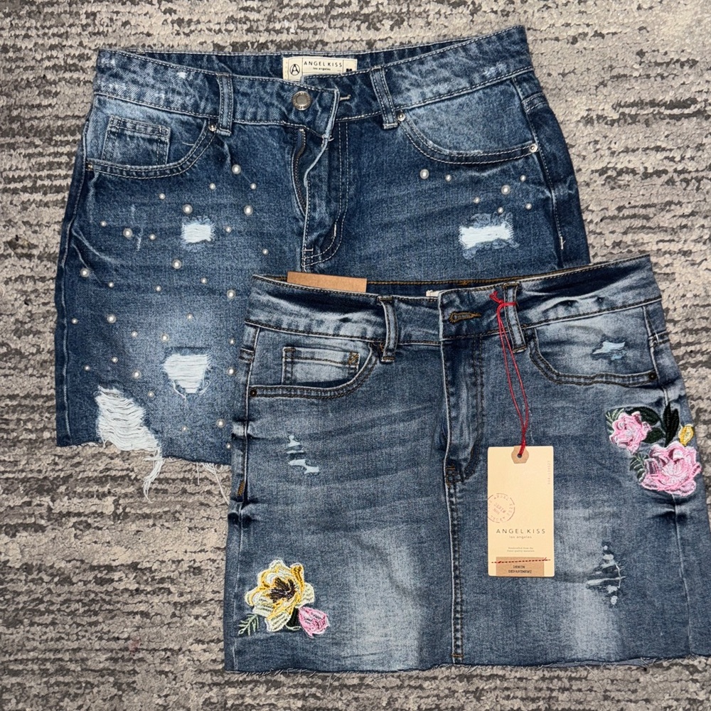 Angel Kiss Distressed Denim Skirt Set with Floral Embroidery